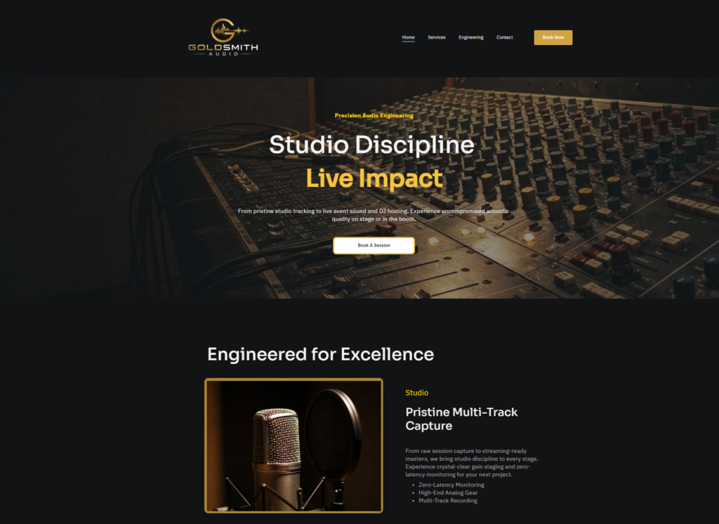 Contact Audio studio website interface designed by Verge Marketing Solutions